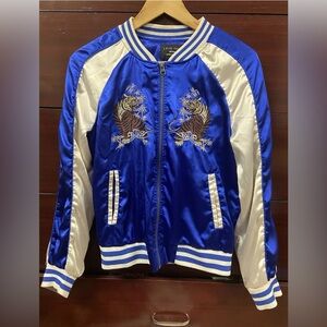 Love Tree White Blue Satin Jacket With Tiger.